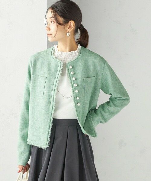SHIPS / シップス ノーカラージャケット | 〈手洗い可能〉ストレッチ ツイード パール ボタン ジャケット | 詳細11