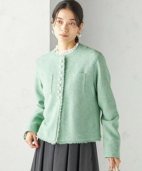 SHIPS / シップス ノーカラージャケット | 〈手洗い可能〉ストレッチ ツイード パール ボタン ジャケット | 詳細14