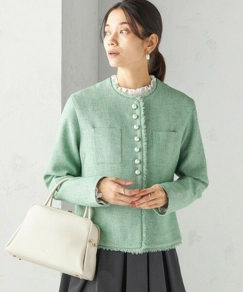 SHIPS / シップス ノーカラージャケット | 〈手洗い可能〉ストレッチ ツイード パール ボタン ジャケット | 詳細15