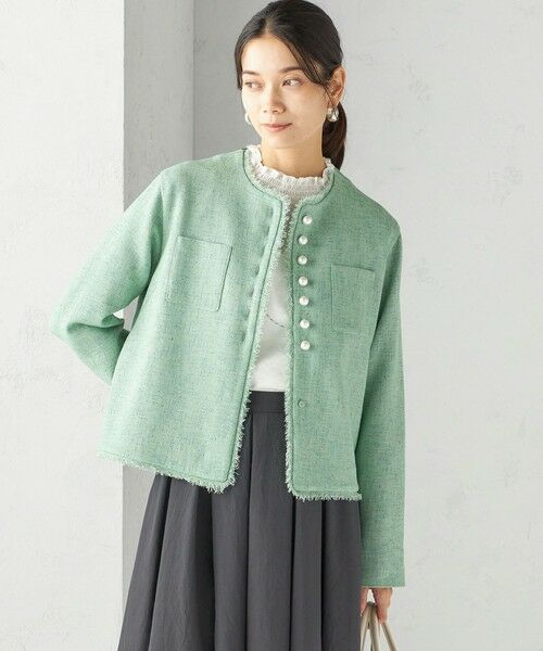 SHIPS / シップス ノーカラージャケット | 〈手洗い可能〉ストレッチ ツイード パール ボタン ジャケット | 詳細6