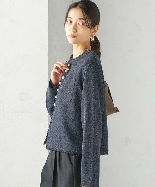 SHIPS / シップス ノーカラージャケット | 〈手洗い可能〉ストレッチ ツイード パール ボタン ジャケット | 詳細24