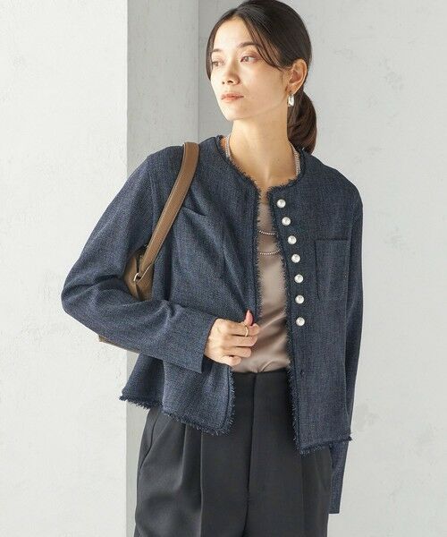 SHIPS / シップス ノーカラージャケット | 〈手洗い可能〉ストレッチ ツイード パール ボタン ジャケット | 詳細27