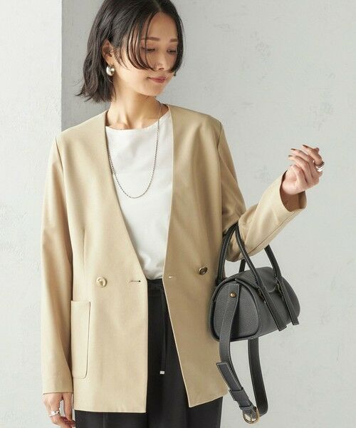 SHIPS / シップス ノーカラージャケット | 〈吸水速乾 / 防シワ加工 / 洗濯機可能〉スーティング ジャージー カラーレス ジャケット(ベージュ)