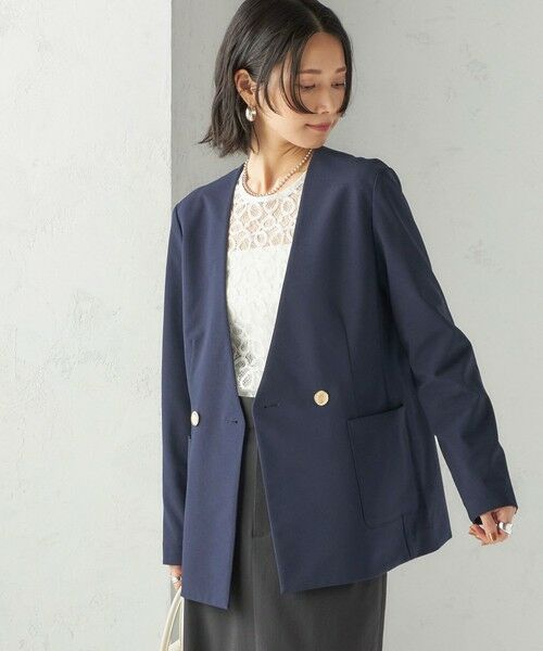 SHIPS for women/シップスウィメン 〈吸水速乾 / 防シワ加工 / 洗濯機可能〉スーティング ジャージー カラーレス ジャケット ネイビー 36