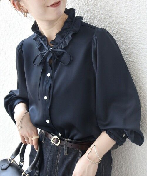 SHIPS for women/シップスウィメン 《追加予約》SHIPS any:〈洗濯機可能〉サテン フリル カラー リボン シャツ ブラウス ネイビー ONE SIZE