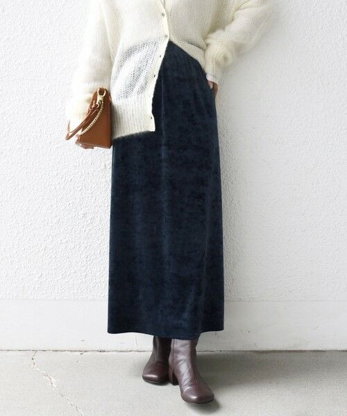 SHIPS / シップス ロング・マキシ丈スカート | 〈手洗い可能〉スノー クラッシュ ポリエステル ベロア ウエスト ゴム スカート(ネイビー)