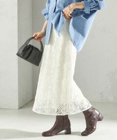 SHIPS / シップス ミニ・ひざ丈スカート | 〈手洗い可能〉ラッセル レース ウエスト ギャザー タイト スカート