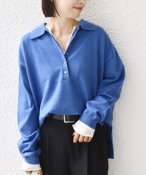 SHIPS for women/シップスウィメン 《予約》【WEB限定】〈手洗い可能〉サイド スリット ゴールド 釦 ポロ ニット ブルー ONE SIZE SHIPS for women/シップスウィメン 《予約》【WEB限定】〈手洗い可能〉サイド スリット ゴールド 釦 ポロ ニット ブルー ONE SIZE