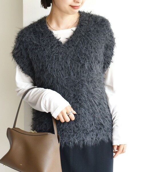 SHIPS / シップス ベスト | 【WEB限定】〈手洗い可能〉チュール フェザー MIX ニット ベスト(ブラック)