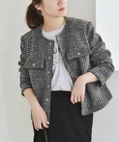 SHIPS / シップス ノーカラージャケット | quaranciel: ボンディング チェック ノーカラー ショート ジャケット