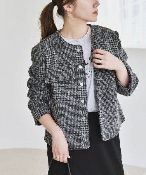 SHIPS / シップス ノーカラージャケット | quaranciel: ボンディング チェック ノーカラー ショート ジャケット | 詳細3