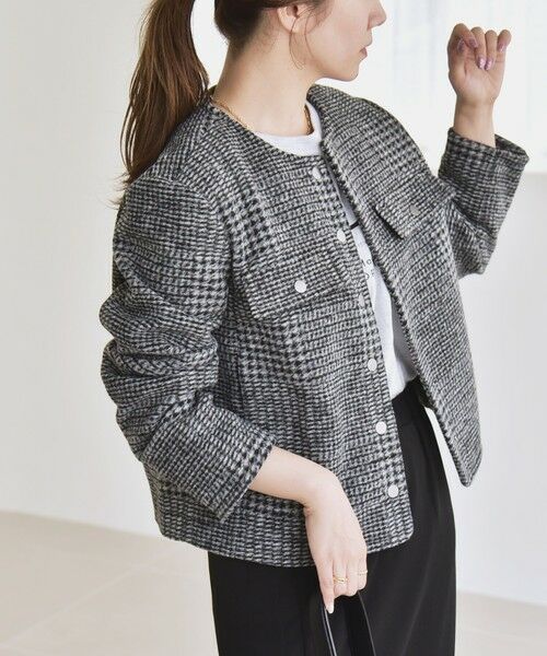 SHIPS / シップス ノーカラージャケット | quaranciel: ボンディング チェック ノーカラー ショート ジャケット | 詳細6