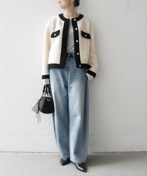 SHIPS / シップス ノーカラージャケット | SHIPS any: バイカラー クルーネック カーディガン ジャケット | 詳細1