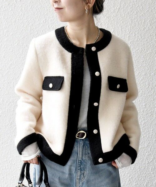 SHIPS / シップス ノーカラージャケット | SHIPS any: バイカラー クルーネック カーディガン ジャケット | 詳細3