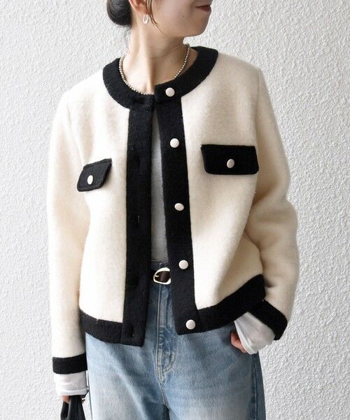 SHIPS / シップス ノーカラージャケット | SHIPS any: バイカラー クルーネック カーディガン ジャケット | 詳細4