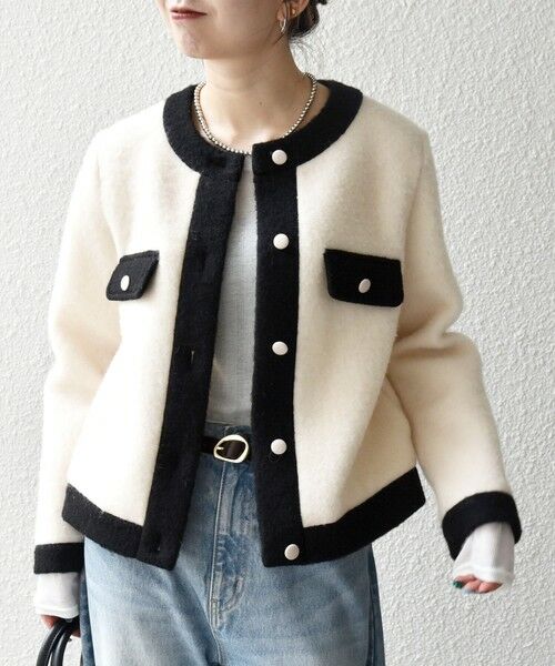 SHIPS / シップス ノーカラージャケット | SHIPS any: バイカラー クルーネック カーディガン ジャケット | 詳細7