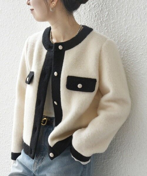 SHIPS / シップス ノーカラージャケット | SHIPS any: バイカラー クルーネック カーディガン ジャケット | 詳細8