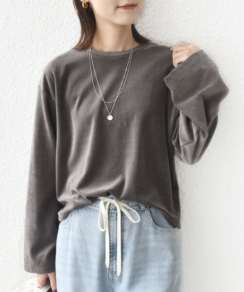 SHIPS / シップス カットソー(半袖以外) | 〈手洗い可能〉コットン ポリエステル ベロア ワイド スリーブ(ダークグレー)