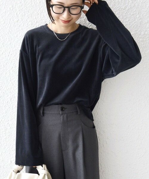 SHIPS / シップス カットソー(半袖以外) | 〈手洗い可能〉コットン ポリエステル ベロア ワイド スリーブ(ネイビー)