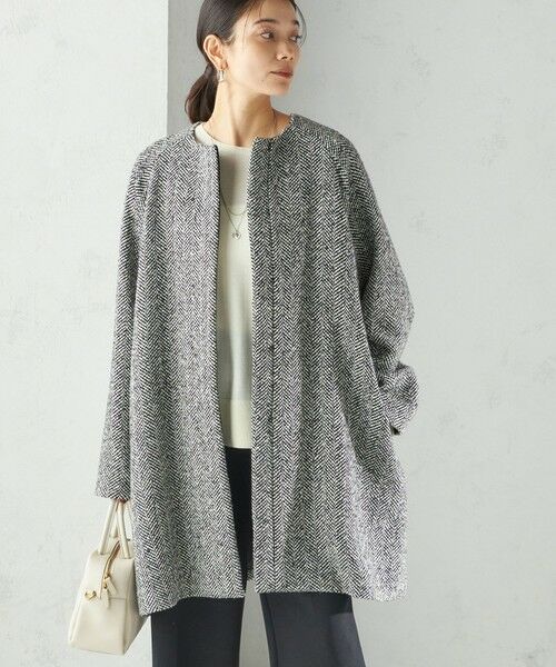 SHIPS for women/シップスウィメン スパンコール ヘリンボーン ノーカラー コート ブラック 38