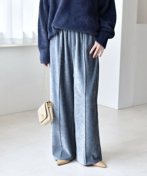 SHIPS for women/シップスウィメン 《予約》quaranciel:〈洗濯機可能〉ポリエステル ベロア ピンタック イージー ワイド パンツ ブルー ONE SIZE