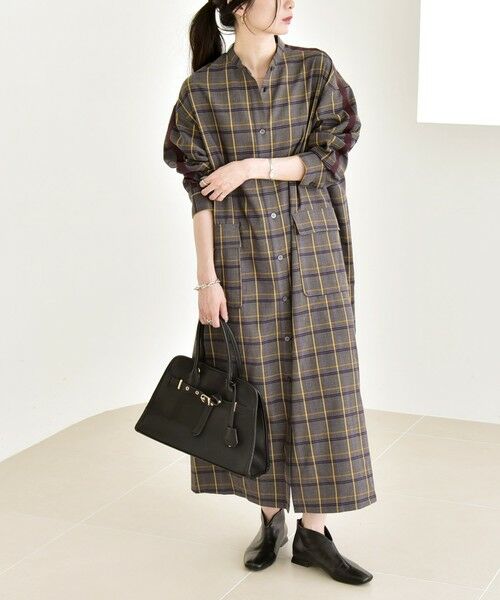 SHIPS / シップス ロング・マキシ丈ワンピース | quaranciel: バンドカラー ライン チェック ポケット シャツ ワンピース | 詳細1