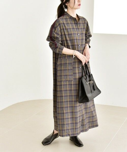 SHIPS / シップス ロング・マキシ丈ワンピース | quaranciel: バンドカラー ライン チェック ポケット シャツ ワンピース | 詳細5