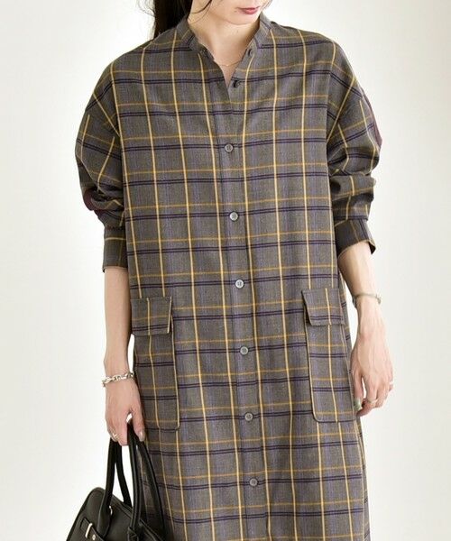 SHIPS / シップス ロング・マキシ丈ワンピース | quaranciel: バンドカラー ライン チェック ポケット シャツ ワンピース | 詳細6