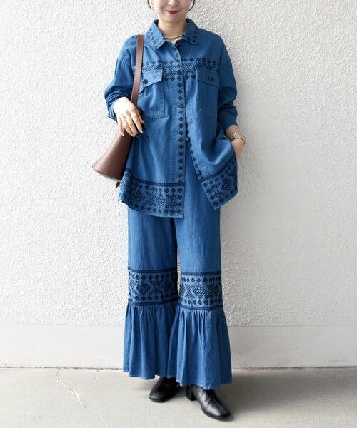 SHIPS / シップス デニムパンツ | bon_meur:〈洗濯機可能〉エンブロイダリー ギャザー フレア デニム イージー パンツ | 詳細1