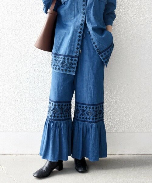 SHIPS for women/シップスウィメン 《予約》bon_meur:〈洗濯機可能〉エンブロイダリー ギャザー フレア デニム イージー パンツ ブルー ONE SIZE