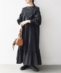 SHIPS / シップス ロング・マキシ丈ワンピース | bon_meur:〈洗濯機可能〉レース ビッグカラー ギャザー パフ シャツワンピース