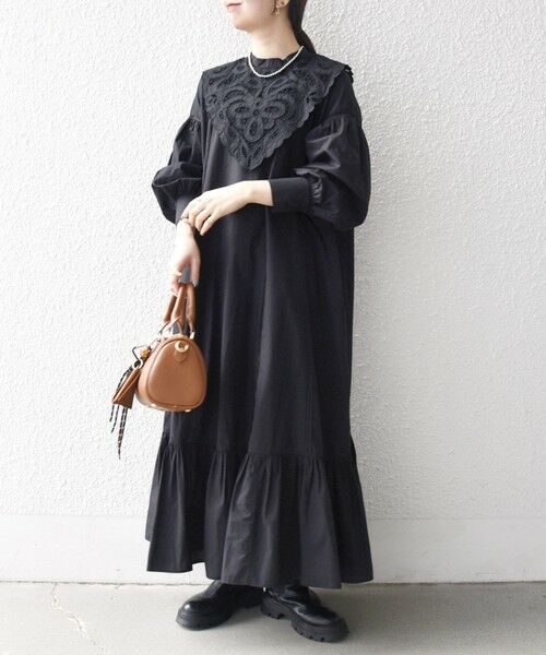 SHIPS for women/シップスウィメン 《予約》bon_meur:〈洗濯機可能〉レース ビッグカラー ギャザー パフ シャツワンピース ブラック ONE SIZE