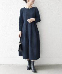 SHIPS / シップス ロング・マキシ丈ワンピース | 《予約》SHIPS any:〈手洗い可能〉ジャカード ウエスト タック ノーカラー ワンピース［NAVY BLUE］