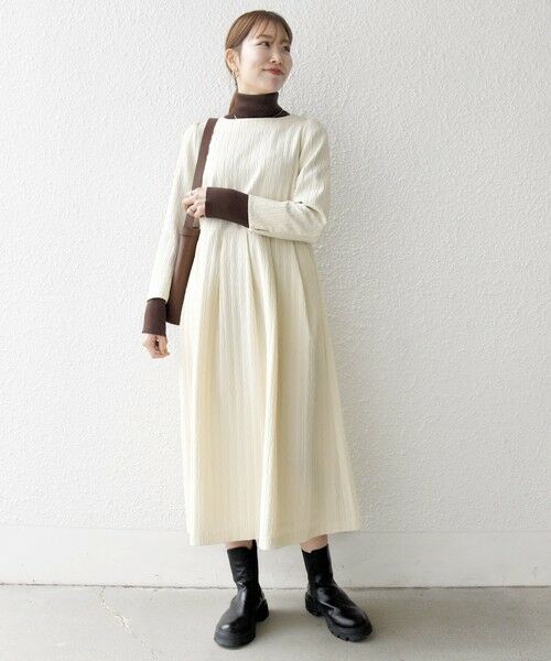 SHIPS / シップス ロング・マキシ丈ワンピース | 《予約》SHIPS any:〈手洗い可能〉ジャカード ウエスト タック ノーカラー ワンピース［NAVY BLUE］ | 詳細1