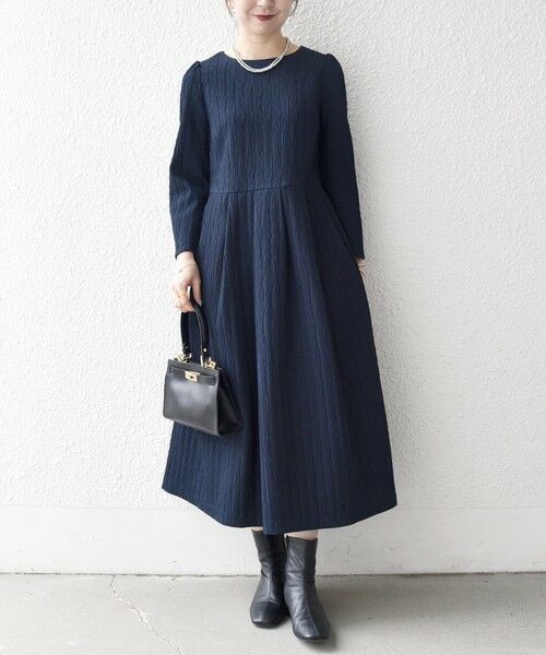 SHIPS / シップス ロング・マキシ丈ワンピース | 《予約》SHIPS any:〈手洗い可能〉ジャカード ウエスト タック ノーカラー ワンピース［NAVY BLUE］ | 詳細16