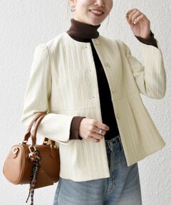 SHIPS / シップス ノーカラージャケット | 《予約》SHIPS any:〈手洗い可能〉ジャカード ノーカラー ペプラム ジャケット［NAVY BLUE］