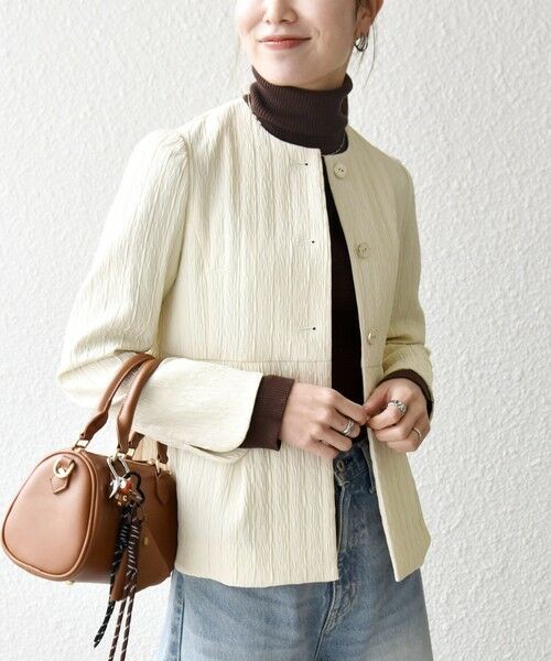 SHIPS / シップス ノーカラージャケット | SHIPS any:〈手洗い可能〉ジャカード ノーカラー ペプラム ジャケット［NAVY BLUE］ | 詳細8