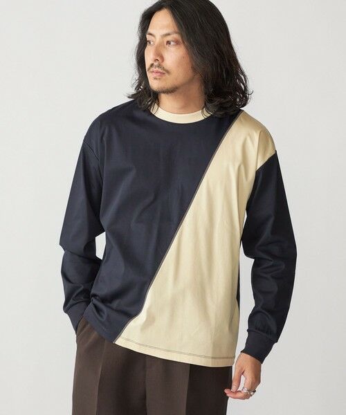 SHIPS / シップス Tシャツ | SHIPS: カラースラント パネル 長袖 Tシャツ(ネイビー)