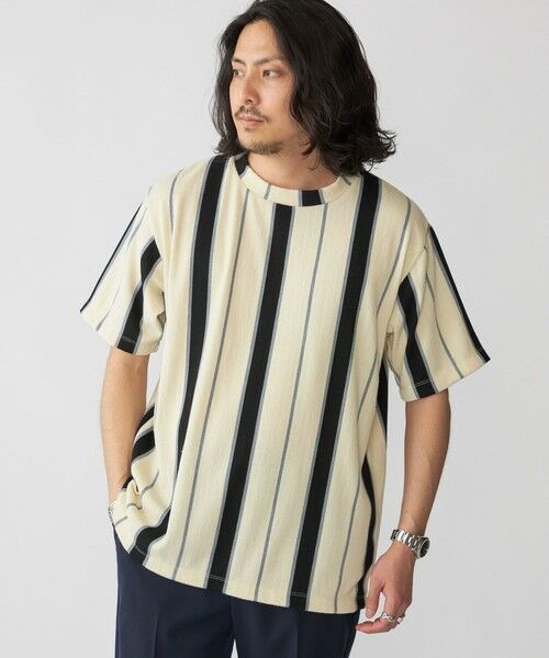 SHIPS / シップス Tシャツ | 【WEB限定】SHIPS:〈吸水速乾〉ワンポイント ロゴ リップル ストライプ Tシャツ(オフホワイト)