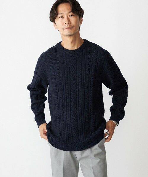 SHIPS / シップス ニット・セーター | SHIPS:〈手洗い可能〉コットン ウール アラン クルーネック プルオーバー ニット(ネイビー)