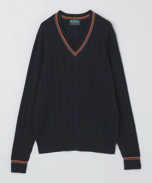 SHIPS / シップス ニット・セーター | ALANPANE: 12ゲージ ケーブル編み コットン Vネック クリケットセーター（ネイビー）