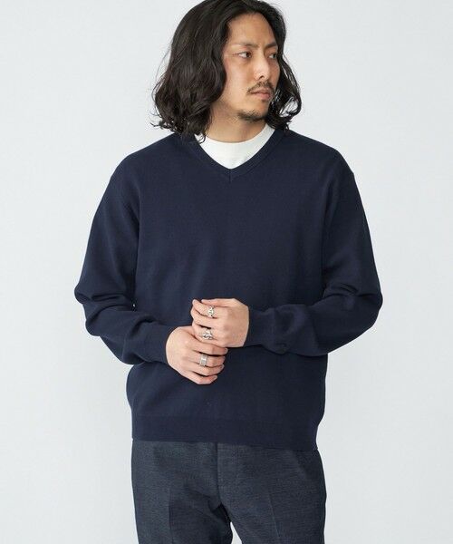 SHIPS / シップス ニット・セーター | 【WEB限定】SHIPS:〈ネックが選べる/手洗い可能〉テレワーク ビズ ワンポイント ロゴ ニット(ダークブルー)