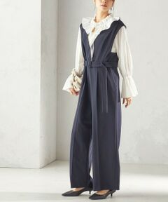 SHIPS / シップス サロペット・オールインワン | 《予約》〈手洗い可能〉ダブル クロス Ｖネック ベルト付 オールインワン（セレモニー対応可）