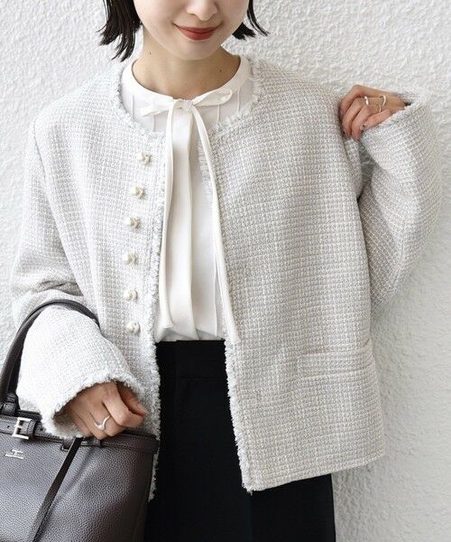 SHIPS / シップス ノーカラージャケット | 《一部追加予約》トライスピン 杢 ツイード パール モチーフ ボタン ジャケット（セレモニー対応可） | 詳細18