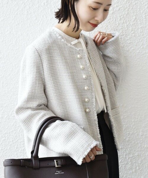 SHIPS / シップス ノーカラージャケット | 《一部追加予約》トライスピン 杢 ツイード パール モチーフ ボタン ジャケット（セレモニー対応可） | 詳細21