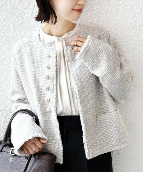 SHIPS / シップス ノーカラージャケット | 《一部追加予約》トライスピン 杢 ツイード パール モチーフ ボタン ジャケット（セレモニー対応可） | 詳細22