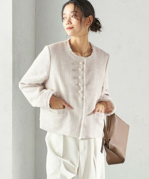 SHIPS / シップス ノーカラージャケット | 《予約》トライスピン 杢 ツイード パール モチーフ ボタン ジャケット（セレモニー対応可） | 詳細3