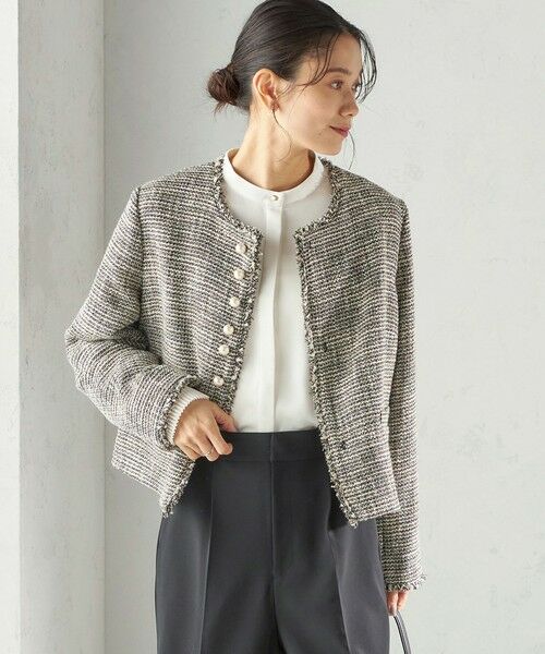 SHIPS / シップス ノーカラージャケット | 《予約》トライスピン 杢 ツイード パール モチーフ ボタン ジャケット（セレモニー対応可） | 詳細20
