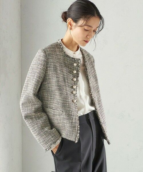 SHIPS / シップス ノーカラージャケット | 《予約》トライスピン 杢 ツイード パール モチーフ ボタン ジャケット（セレモニー対応可） | 詳細21
