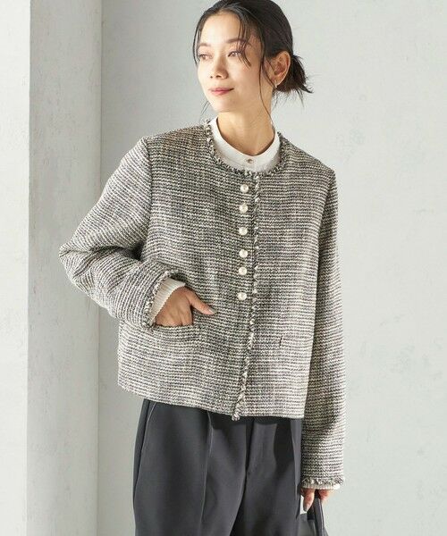 SHIPS / シップス ノーカラージャケット | 《予約》トライスピン 杢 ツイード パール モチーフ ボタン ジャケット（セレモニー対応可） | 詳細23